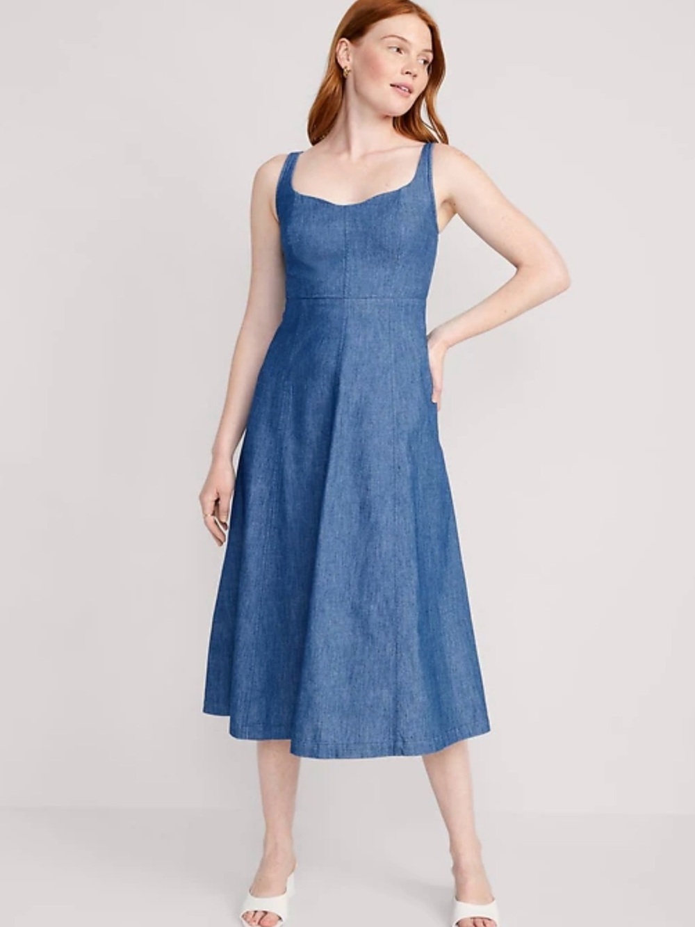 Old Navy Chambray Denim Fit & Flare Midi Dress Small Smocked Back Cotton - Picture 12 of 12